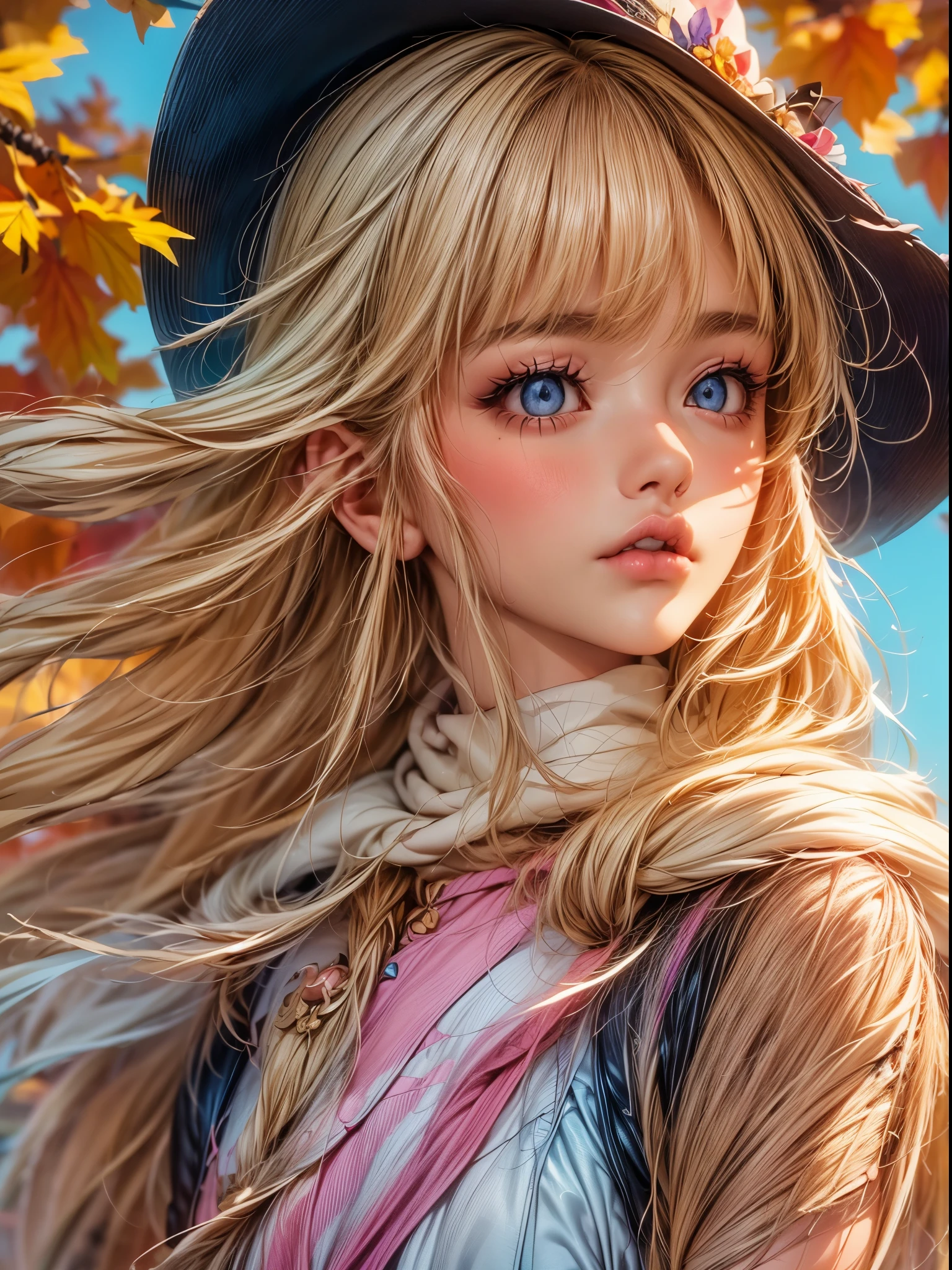 realistic anime,  beautiful bulky European woman in a beautiful designer dress ,  an anatomically correct , jewelry ,  a hat for the windy autumn  ,  a delicate scarf  ,  the hat is barely carried away by the wind , Try to grab it  ,  leaves flying in the wind  ,  crosses the road with some pools of water  ,  sheets of diaries that fly in the wind  ,  everyday scene of autumn  ,  beautiful and delicate details elaborated  , award-winning image,  masterpiece  , U High definition , Retina,  masterpiece , necessary,  anatomically correct  , old-school ,  super detail , High details, High quality ,  Award winner  , The best quality, highres, 1080P,  High definition , 16K