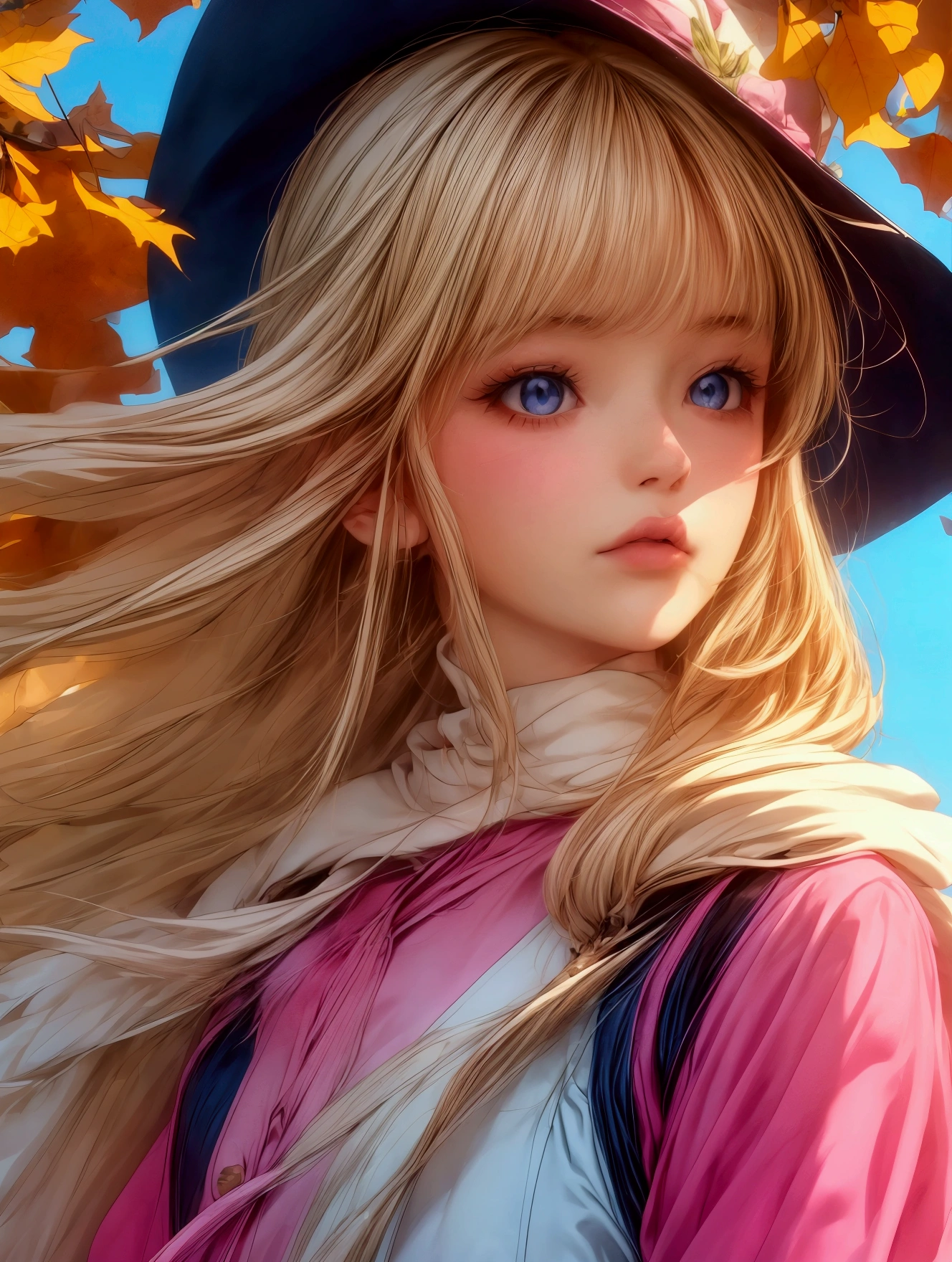 realistic anime,    beautiful bulky European woman in a beautiful designer dress ,    an anatomically correct , jewelry  ,    a hat for the windy autumn   ,  a delicate scarf   ,    the hat is barely carried away by the wind , Try to grab it  ,    leaves flying in the wind   ,    crosses the road with some pools of water   ,    sheets of diaries that fly in the wind   ,    everyday scene of autumn   ,    beautiful and delicate details elaborated   , award-winning image,   masterpiece  , U High definition , Retina,  masterpiece , necessary,   designer wallet  ,  old-school ,  super detail , High details,  High quality ,   Award winner  , The best quality, highres, 1080P,  High definition , 16K