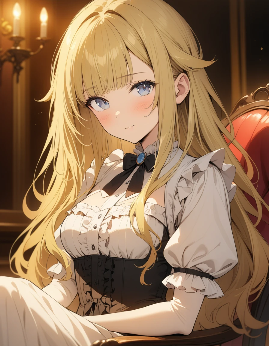 ((masterpiece)),(((best quality))),((ultra-detailed)),((illustration)),((disheveled hair)),((frills)),(1 girl),(solo),(masterpiece, best quality), 1girl, beautiful face, victorian dress, blonde hair, long hair, sitting on an chair,, blonde_hair, grey_eyes，Corsage on the right
