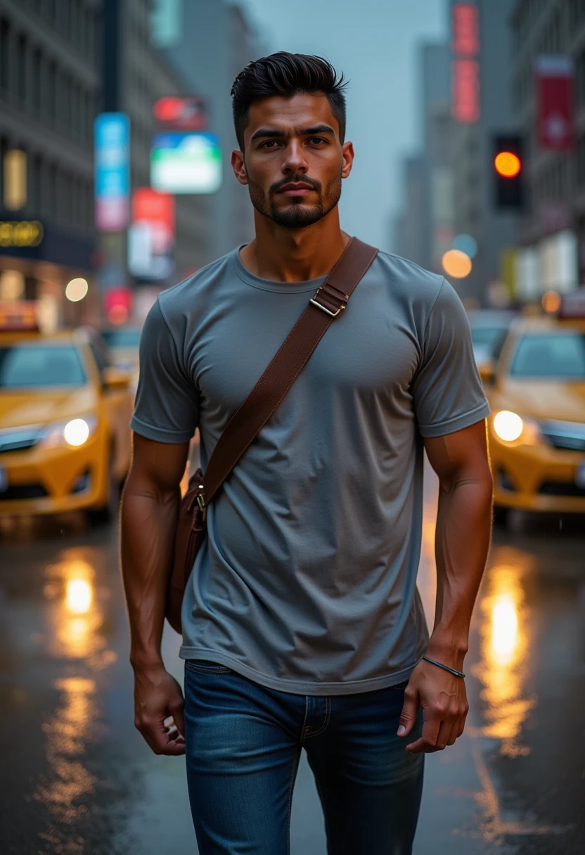 (RAW photo, best quality, highest quality, masterpiece:1.2), (realistic, photo-realistic:1.37), male RonaldoFace ultra high res, (1 man 32 year's old, light french cut, Tirkish handsome:2.0), (summer night:1.3), (white round neck plain Tee-shirt, regular fit baggy Tee-shirt, grey bottom fold regular fit lose jeans:1.3), (standing on a street, wet wide road:1.4), high rise buildings, traffic, cars, yellow cabs behind, rainy weather, headlights, walking style, rainy atmosphere, full body, Black cut shoes, model style Posing, carrying leather laptop bag on shoulder, (focus face:1.3), (high contrast:1.1), (detailed background:1.3), dynamic pose, intricate detail, delicate pattern, (vibrant, colorful:1.3), (high sharpness), middle eastern guy, fashion posing, short black hairstyle, plain regular fit lose Tee-shirt no printing on Teeshirt, light french beared, Turkish boy in walking style.