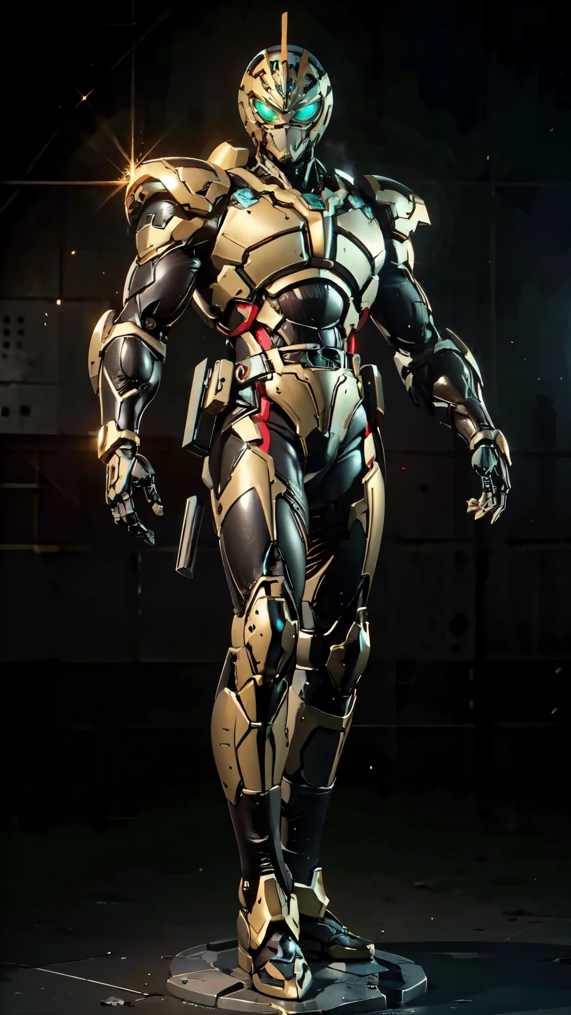 (masterpiece:1.5, best quality:1.5, extremely delicate:1.5), ((male:1.5)), Biomimetic humanoid Mecha, green eyes, fully enclosed shoulder guards, matching arm and leg guards, gemstone, full body, full armor, the design balances heavy with agility, organic biotech armor, (the color scheme is primarily Golden and Red with Black and White accents, concept Inspired by Ninja, glowing eyes, the armor glows), standing, floating high above the futuristic sci-fi city, a finely crafted Super robot in anime style, exquisite and mature art style, metallic, dramatic, high definition, highres, ultra-detailed, ultra-fine painting, professional, anatomically correct, symmetrical face, extremely detailed eyes and face, high quality eyes, creativity, RAW photo, UHD, 32k, Natural light, cinematic lighting, (masterpiece-anatomy-perfect:1.2)