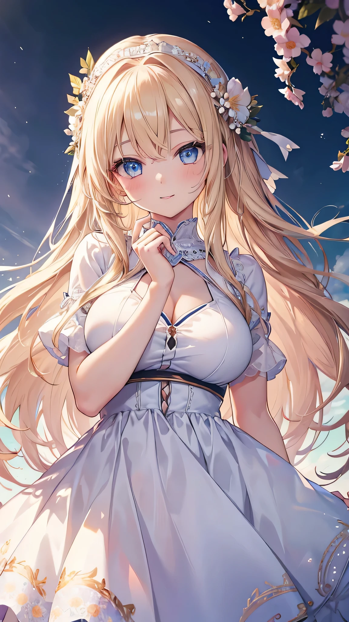 masterpiece、Highest quality、High resolution、High-quality images、8K, 17-year-old girl、Skin Radiance、Texture of skin and clothing、Expression of fine eyes、Sparkling blonde,Long Hair Girl, Calm illustration、dress, Beautiful light blue eyes, Fuller lips, Gorgeous face with attention to detail, (Cute Smile), charm, Innocent, Side view, (Perfectly detailed face), (Beautiful Hands) Photorealistic images, Written boundary depth, flower、sun、Big Breasts、Valkyrie's Feather