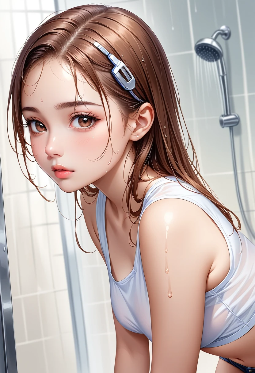 (Ultra-Detailed, Top Quality, High Resolution, Sharp Focus:1.4), (Craftsmanship Hyper-Realistic Photography:1.4), A pretty 20 year old supermodel woman in a white cutter shirt, short shorts and a thong underneath is showering while standing in a bathroom, looking at the viewer, her small breasts and tiny elastic nipples peeking out slightly, wetting, blushing. She has medium brown hair and a hair clip, wet smooth pale skin, dark eyes, a narrow nose, open mouth, rosy cheeks, shiny lips, which gives a hint of her horny atmosphere. Her face, body and even the texture of her hair are rendered in extreme detail. Side view, cowboy shot.