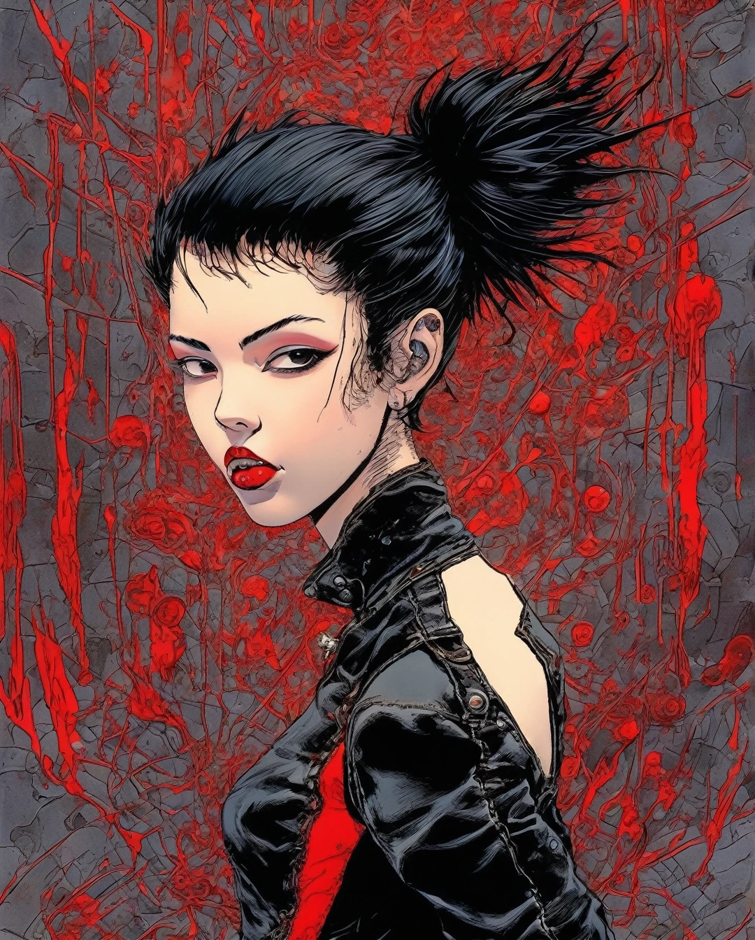 a full-body, high-resolution anime style of a rebellious teenage female punk rocker with short black hair, thin face, intense red lips, sleeveless black top, and tight black denim pants, inspired by the works of Yoshiaki Kawajiri, vibrant and edgy, with dramatic lighting and dynamic composition, ((by Philippe Druillet)) 