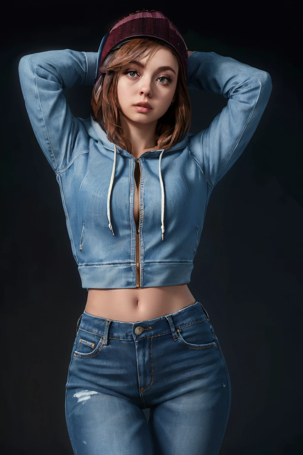 masterpiece, highres, raw, photography, photoshoot, instragram, ashleyud, hoodie, woman, upper body, denim, dark background, black background, open clothes, sexy, perfect body, perfect face