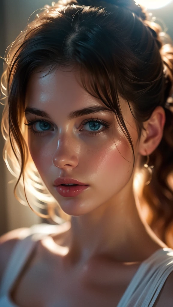 (((ultra realistic))) Photo, masterpiece, top quality, (pale skin), (Ultra detailed face and eyes:1.3), 1 girl, Adult, in a T-shirt, ((Eye makeup, mascara)), ((large detailed lips)), ((Pink волнистые волосы)), ((Chyolka)) , (Natural breasts), Slim waist. ((Posing)), photoshoot, studio (soft lighting), (The play of light and shadows), depth of field, bokeh, (special attention to skin detail: 1.2), Detailed leather texture, skin pores. (Warm atmosphere of the frame. Color range - purple, Pink, Yellow tones), UDR, ((Film grain)), ((rays)), (Glare), ((Photo to the waist, side view)) , ultra detialed,