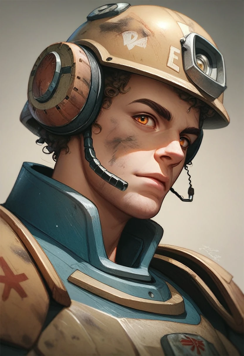 Male character wearing a "power armor de fallout", He is without his helmet ,  showing his slightly dirty face, pele morena, curly hair, amber eyes, no beard.