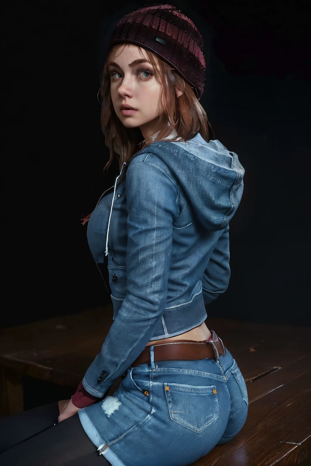 masterpiece, highres, raw, photography, photoshoot, instragram, ashleyud, hoodie, woman, upper body, denim, dark background, black background, open clothes, sexy, perfect body, perfect face, sexy face, sexy body, stockings, perfect ass, perfect tits