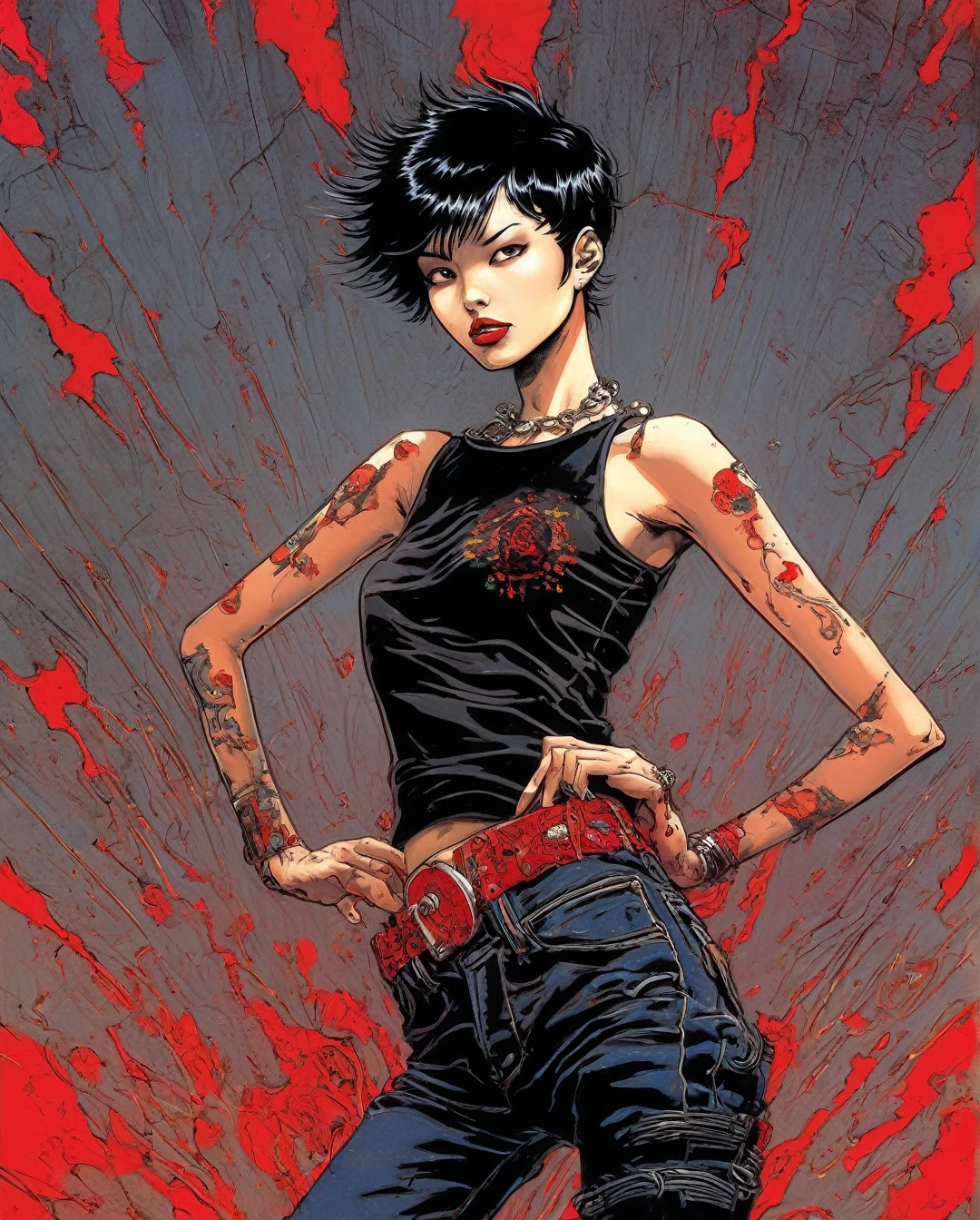 a full-body, high-resolution anime style of a rebellious teenage female punk rocker with short black hair, thin face, intense red lips, sleeveless black top, and tight black denim pants, inspired by the works of Yoshiaki Kawajiri, vibrant and edgy, with dramatic lighting and dynamic composition, ((by Philippe Druillet)) 