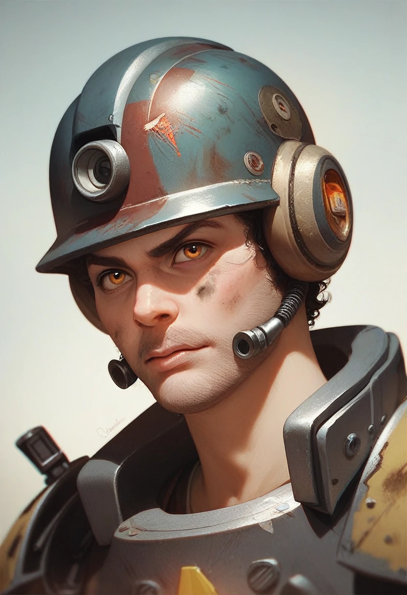 Male character wearing a "power armor de fallout", He is without his helmet ,  showing his slightly dirty face, pele morena, curly hair, amber eyes, no beard. Whole body.