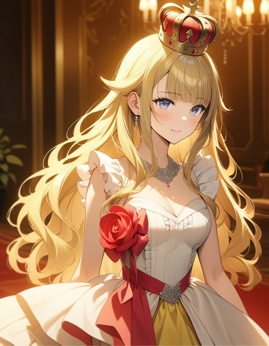 ((masterpiece)),(((best quality))),((ultra-detailed)),((illustration)),((disheveled hair)),((frills)),(1 girl),(solo),In a luxurious room, a beautifully dressed female character stands. She wears a crown atop her head, and her gorgeous dress combines shades of red and light green. The dress features ruffles at the shoulders and a large yellow ribbon at the hem. Her medium, wavy, and curly hair is rendered with realistic color and texture., blonde_hair, grey_eyes，Corsage on the right
