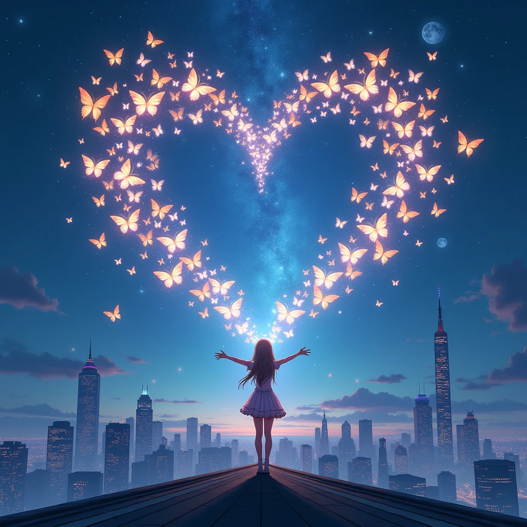  Stands on the Roof of a Skyscraper Building ,  from under her arms A butterfly extravaganza flies out of her arms Folding into a Heart Silhouette, Around the girl, starry sky, Night, The gentle moonlight ,  Butterflies Whirl in the Shape of a Heart ,  Butterflies shimmer , glow,  A Girl in a Beautiful Outfit Fantasy , Details Complex,  Maximum Quality , 8 k, bright colors, 