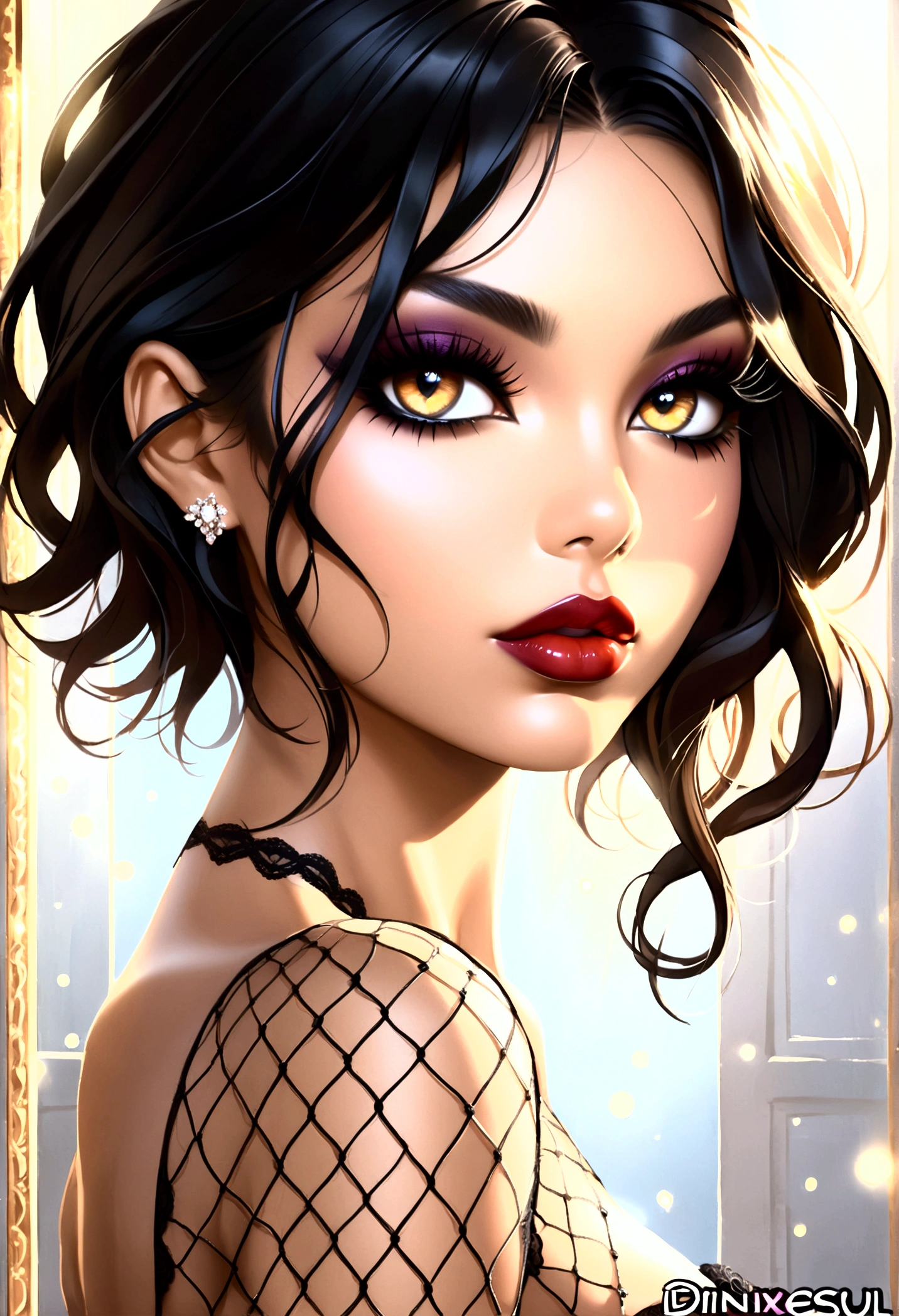 brunette woman, dark brown skin, bee ready, medium length curly, eyes as dark as the night, slenderbody?, small and wide nose, fleshy mouth with red lipstick in 3d anime drawing shape