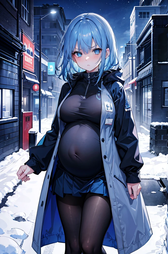 4K,high resolution, 1girl, blue hair, medium hair, blue eyes, breasts, night, snowy scene, dark coat, blue jacket, black leggings, looking at viewer, angry, Pregnant, blue skirt, skirt over belly