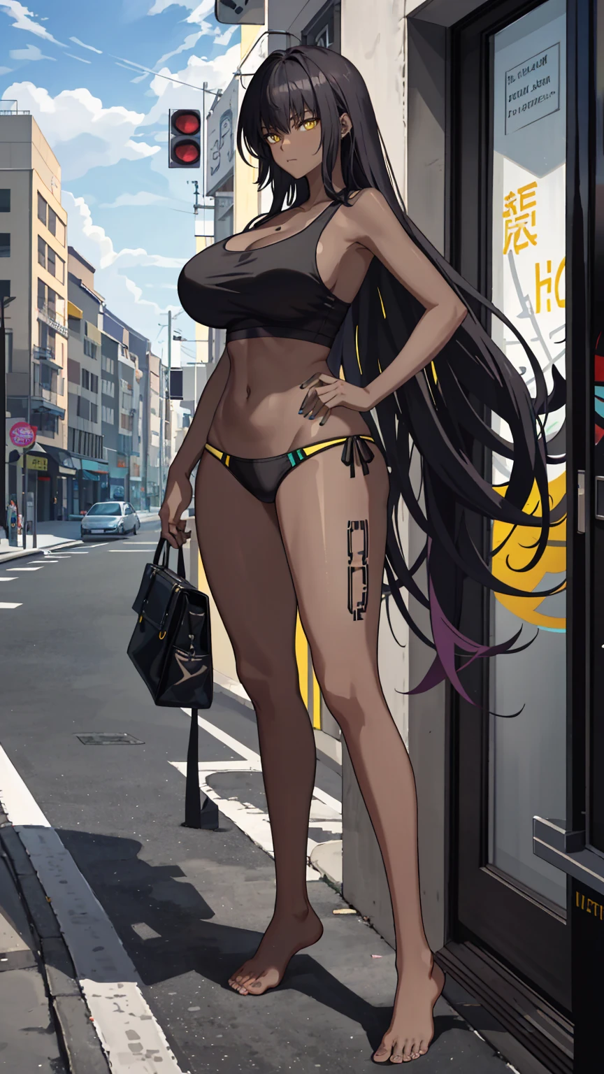 Masterpiece, best quality, high resolution, 1 woman, black skin , long black hair , black tank top , bikini , abdomen , big breasts, Long legs , Barefoot , Stand with feet hips. , alley , roadside , population