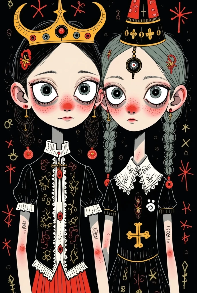 scary halloween，reepy cute illustration,black background, twin girls,Red Nose， 
pale skin, victorian gothic attire, oversized doll-like eyes, eerie yet delicate, dark fairy tale vibe, detailed clothing, vintage horror illustration.
﻿