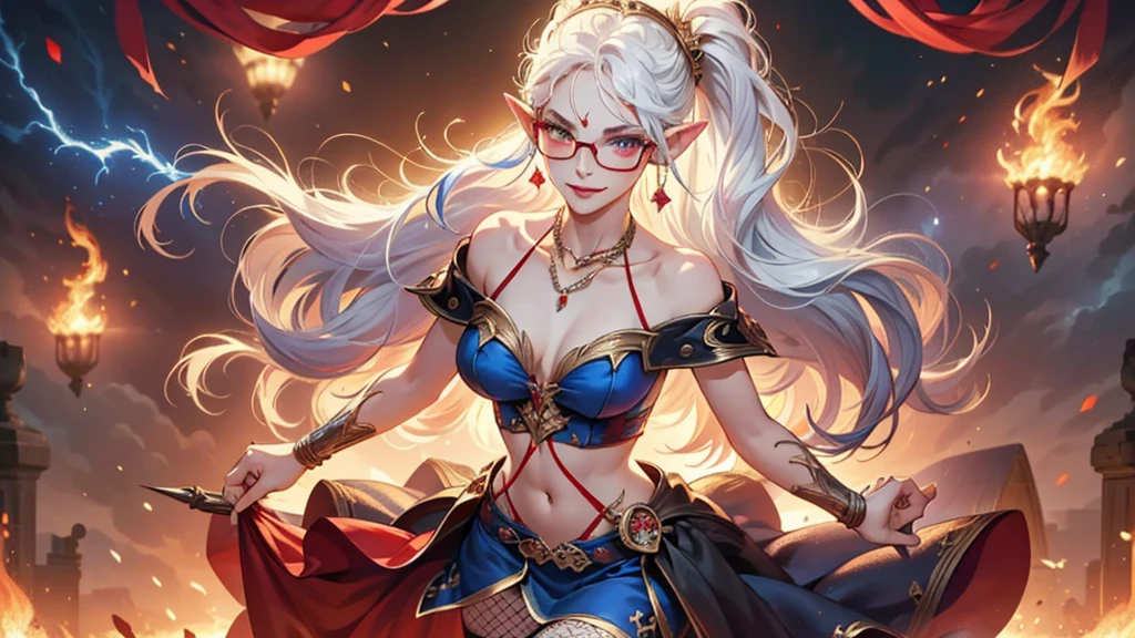 8k, masterpiece, best quality, highly detailed, 1 girl, elf, pointy ears, sorcerer, white hair, multicolored hair, long straight hair, red highlight hair on white hair, strippled hair, wearing glasses, round glasses, earrings, navel piercing, red eyeshadow, long eyelashes, blushed cheek, red lips, pearl necklace, rings, collarbone, mole on face, glamorous, gold and blue clothes, sleeveless, miniskirt, fishnet stocking, smirk, close up view, rings, looking at viewer, standing, strom, heavy weather, thunder, fantasy, medieval.