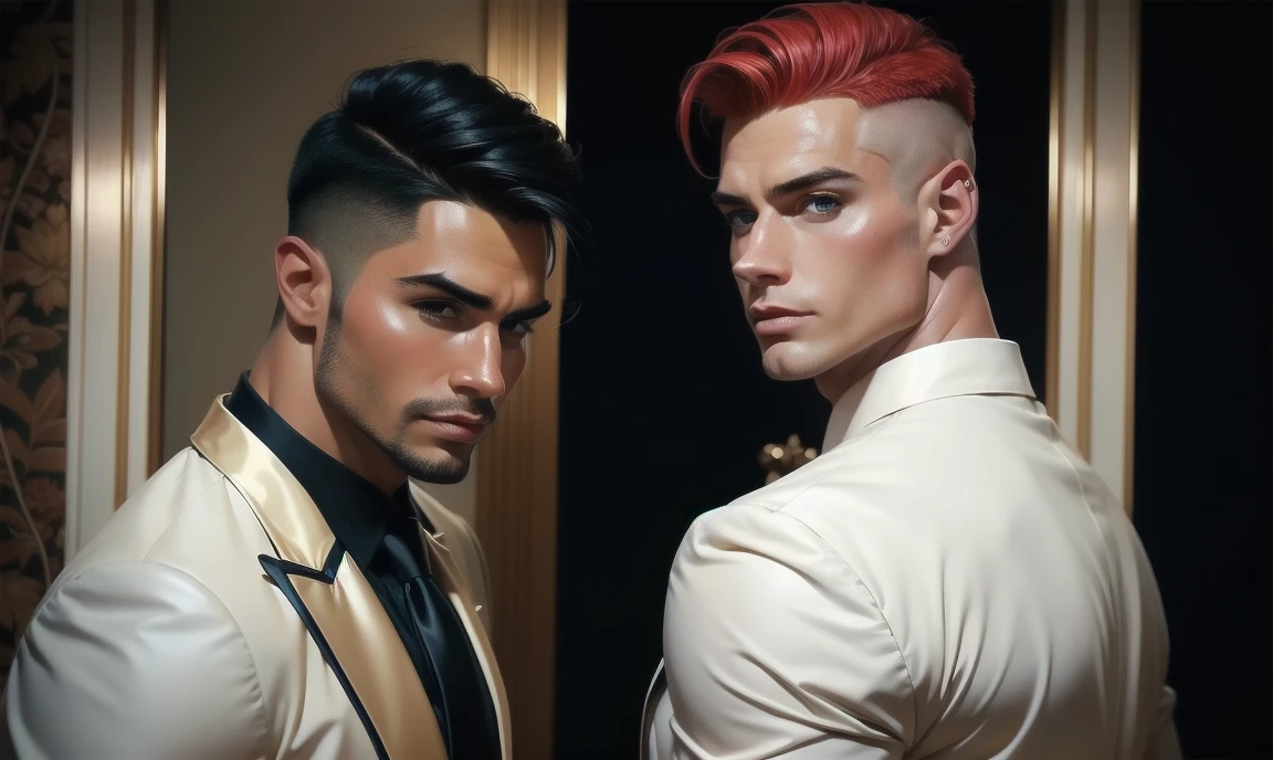 2 men, aged early 30s, each has a unique appearance. An angel and a devil who look like normal albeit incredibly gorgeous human men. classy and well-dressed. looking at you and trying to tempt you.