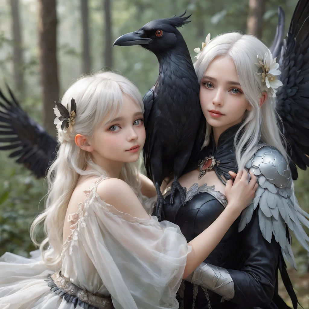 Little white-haired fairy girl hugs a big black crow