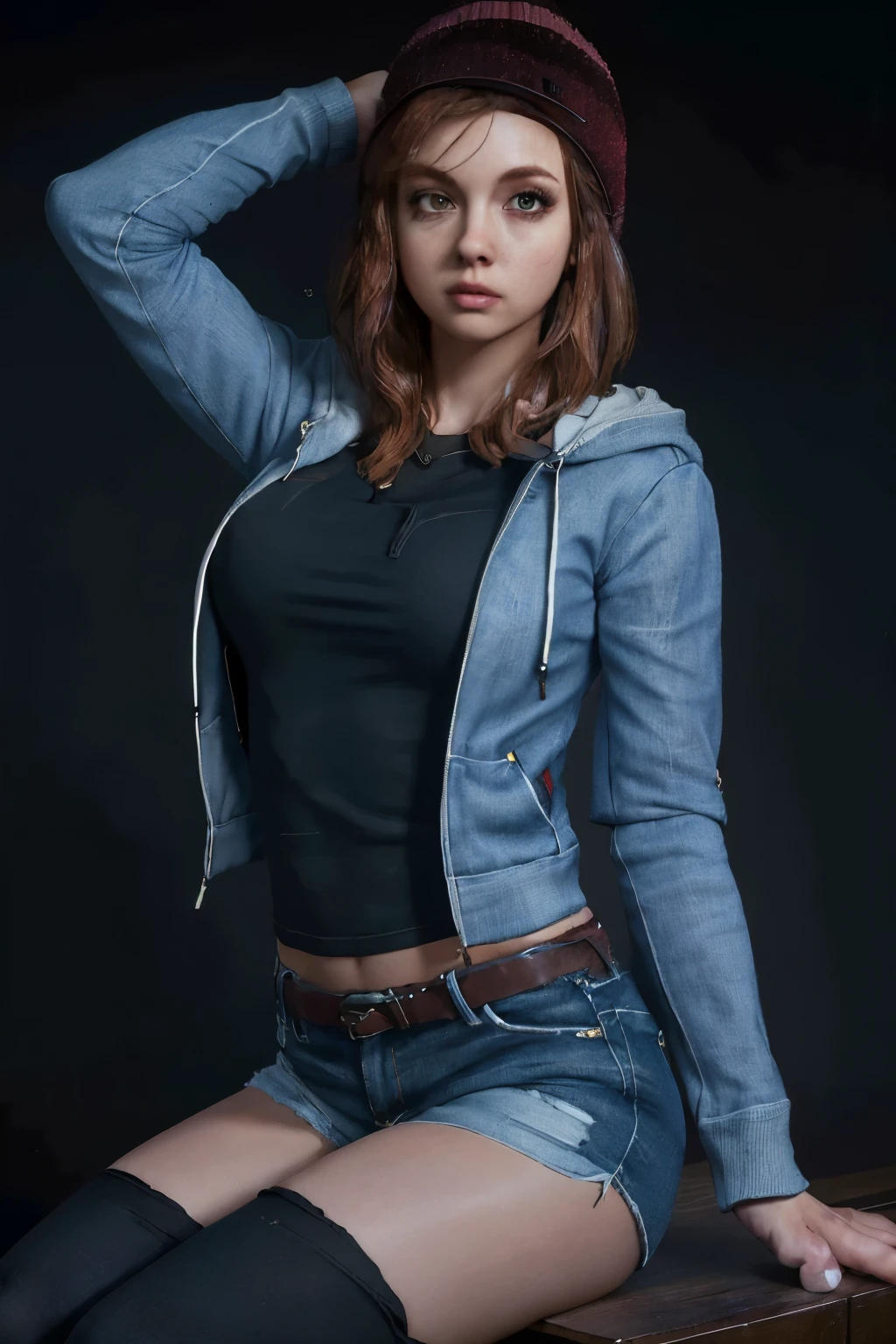 masterpiece, highres, raw, photography, photoshoot, instragram, ashleyud, hoodie, woman, upper body, denim, dark background, black background, open clothes, sexy, perfect body, perfect face, sexy face, sexy body, stockings, perfect ass, perfect tits