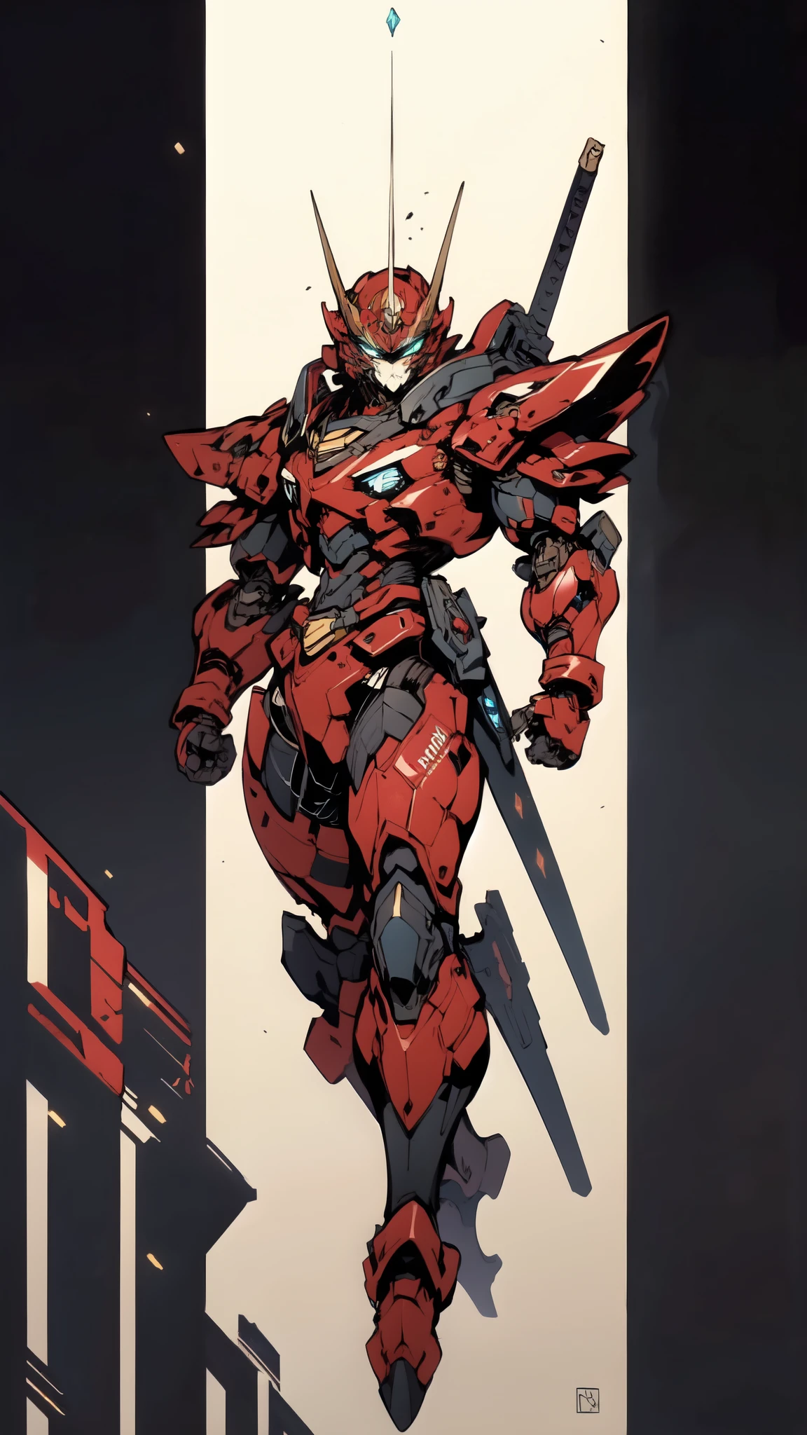 (masterpiece:1.5, best quality:1.5, extremely delicate:1.5), ((male:1.5)), Biomimetic humanoid Mecha, green eyes, fully enclosed shoulder guards, matching arm and leg guards, gemstone, full body, full armor, the design balances heavy with agility, organic biotech armor, (the color scheme is primarily Golden and Red with Black and White accents, concept Inspired by Ninja, glowing eyes, the armor glows), standing, floating high above the futuristic sci-fi city, a finely crafted Super robot in anime style, exquisite and mature art style, metallic, dramatic, high definition, highres, ultra-detailed, ultra-fine painting, professional, anatomically correct, symmetrical face, extremely detailed eyes and face, high quality eyes, creativity, RAW photo, UHD, 32k, Natural light, cinematic lighting, (masterpiece-anatomy-perfect:1.2)