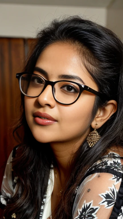 extreme closeup photo of ntg avika gor seductive look, black floral nightdress, nerd glasses