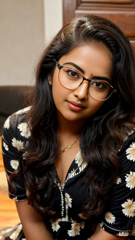 extreme closeup photo of ntg avika gor seductive look, black floral nightdress, nerd glasses