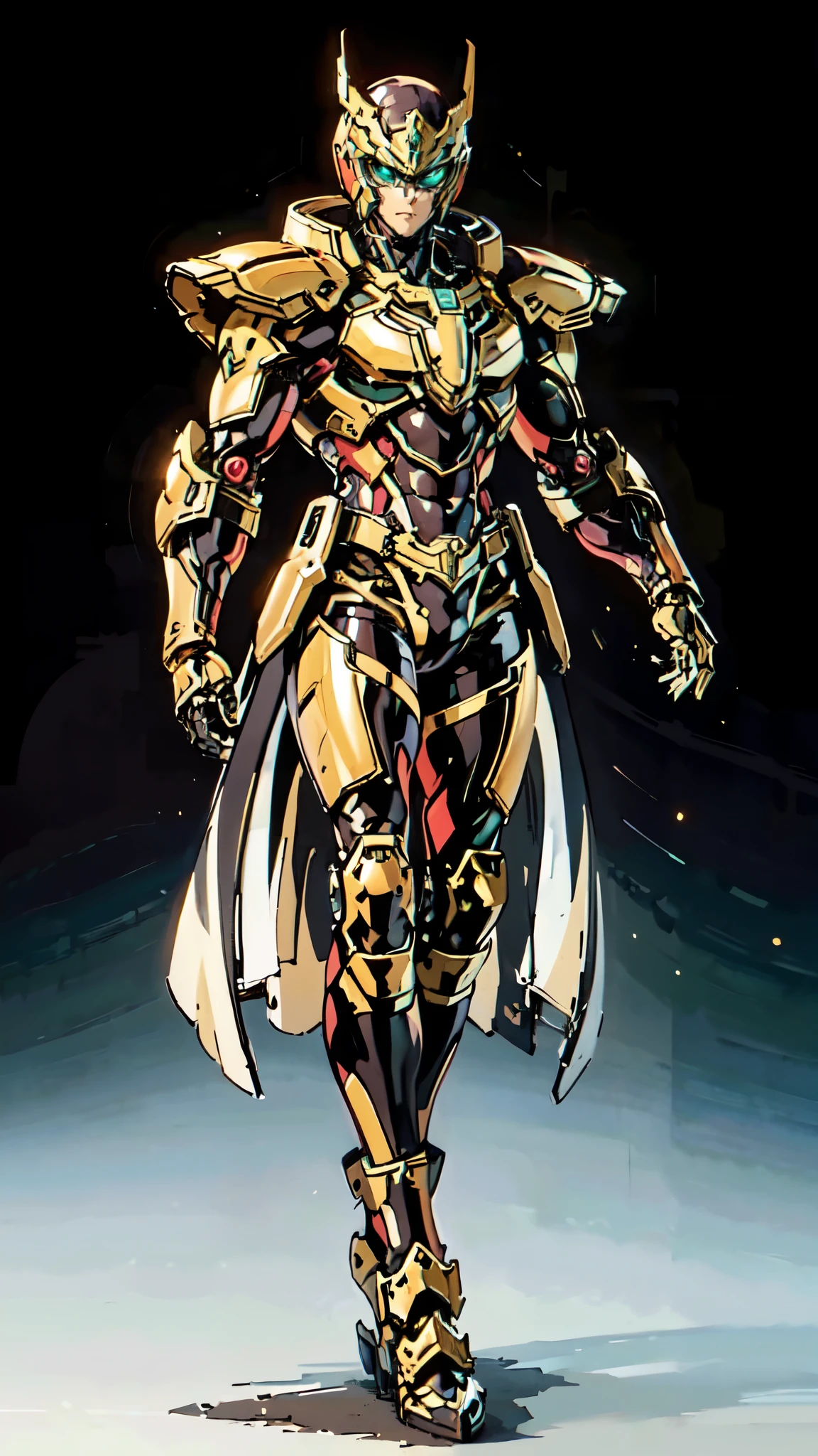 (masterpiece:1.5, best quality:1.5, extremely delicate:1.5), ((male:1.5)), Biomimetic humanoid Mecha, green eyes, fully enclosed shoulder guards, matching arm and leg guards, gemstone, full body, full armor, the design balances heavy with agility, organic biotech armor, (the color scheme is primarily Golden and Red with Black and White accents, concept Inspired by Ninja, glowing eyes, the armor glows), standing, floating high above the futuristic sci-fi city, a finely crafted Super robot in anime style, exquisite and mature art style, metallic, dramatic, high definition, highres, ultra-detailed, ultra-fine painting, professional, anatomically correct, symmetrical face, extremely detailed eyes and face, high quality eyes, creativity, RAW photo, UHD, 32k, Natural light, cinematic lighting, (masterpiece-anatomy-perfect:1.2)