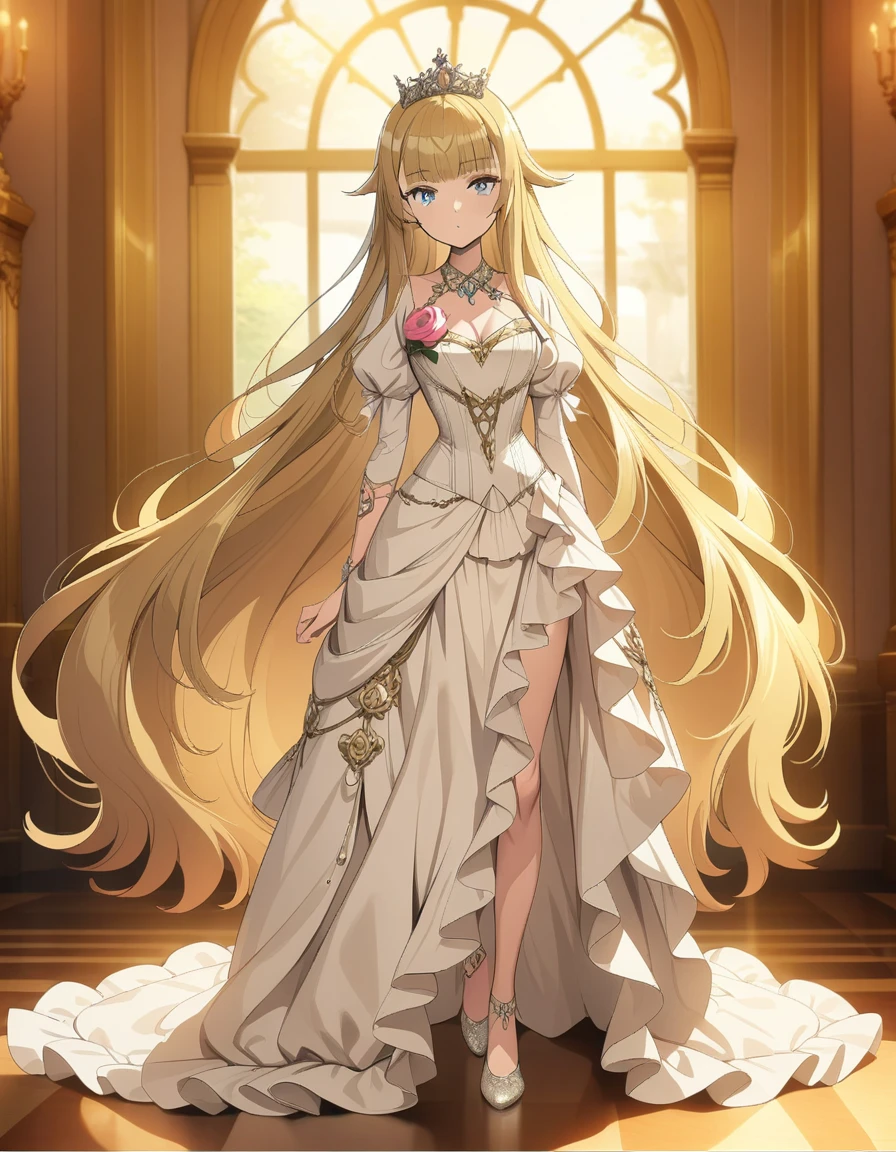 ((masterpiece)),(((best quality))),((ultra-detailed)),((illustration)),((disheveled hair)),((frills)),(1 girl),(solo),((anime artstyle)), (Very Delicate and Beautiful), Solo, ((full body, standing pose)), standing in the royal palace, ((1 queen in jeweled gorgeous rococo ballgown with voluminous full length hoop skirt)), (crinoline), gorgeousfull embroidery, (gorgeous gemstone jewelry), (detailed face and eyes), jewel-like eyes, ((large amount of straight hair, extremely Long voluminous Hair)), ((litte , skindentation)), gorgeousfull embroidery, cleavage, extremely gorgeousfull hair ornament, (bling-bling extremely gorgeousfull jeweled tiara), gorgeous corsage, (Dynamic Angle), Looking at viewer, ((full body)), (Masterpiece), (Best Quality), (Super Detail), blonde_hair, grey_eyes，Corsage on the right