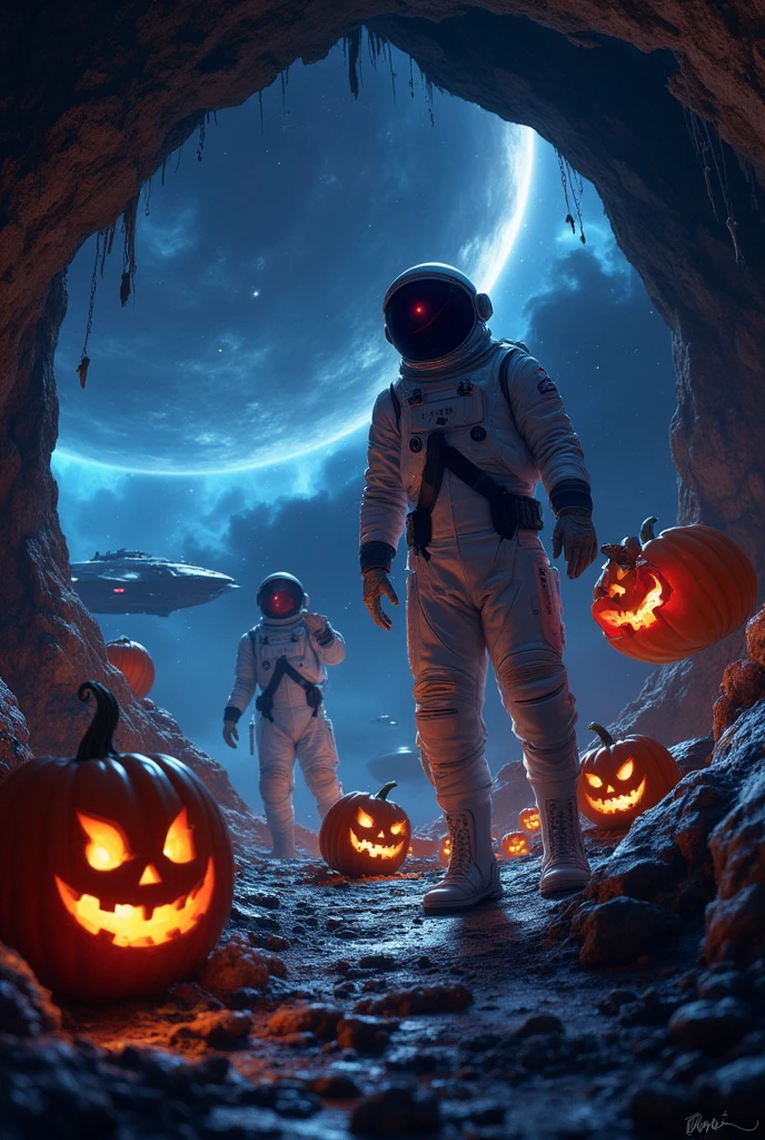  A futuristic Halloween scene in outer space .  Astronauts are enjoying a space of zero gravity  .  A single spaceship is in the background , and outside ,  the vastness of space extends endlessly ,  with distant planets and nebulas that mysteriously shine .   The unique movement of objects in space of zero gravity adds to the atmosphere this Halloween ,