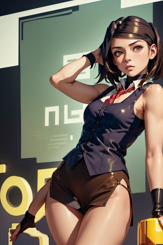 ( masterpiece , better quality), 1 girl,  Short brown hair ,  secret agent outfit with brown details, with a vest over the top . full body image, green eyes.