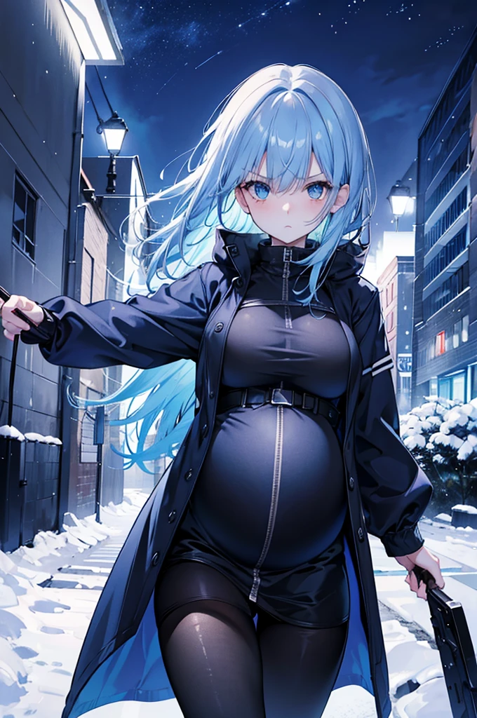 4K,high resolution, 1 girl, blue hair, medium hair, blue eyes, breasts, night, snowy scene, dark coat, blue jacket, black leggings, looking at viewer, angry, Pregnant, belt