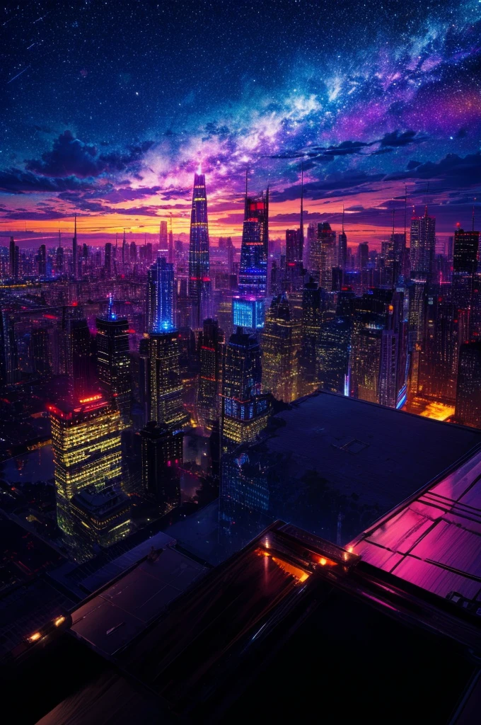 night view from above、Draw lots of skyscrapers, Stargazing. Surrounded by colorful nebulae and colorful metropolises..