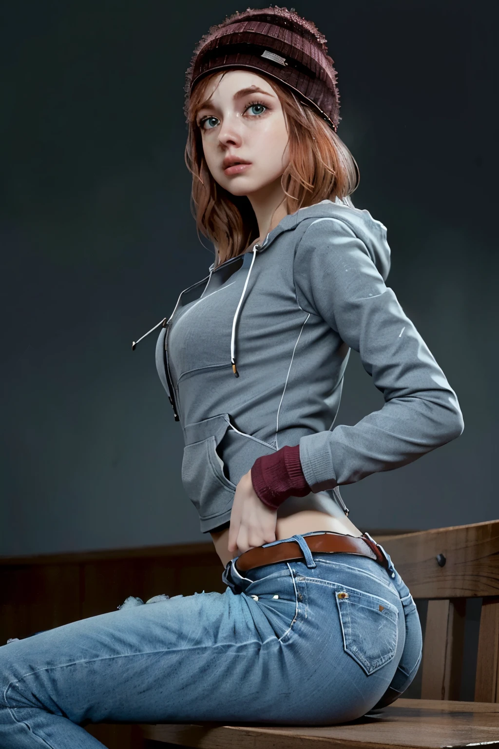 ((ultra detailed, masterpiece, absurdres))
 UDAshley, 1girl, solo, orange hair, green eyes, beanie, sexy body, sexy, perfect tits, perfect ass, tight mini jeans, stockings, grey hoodie