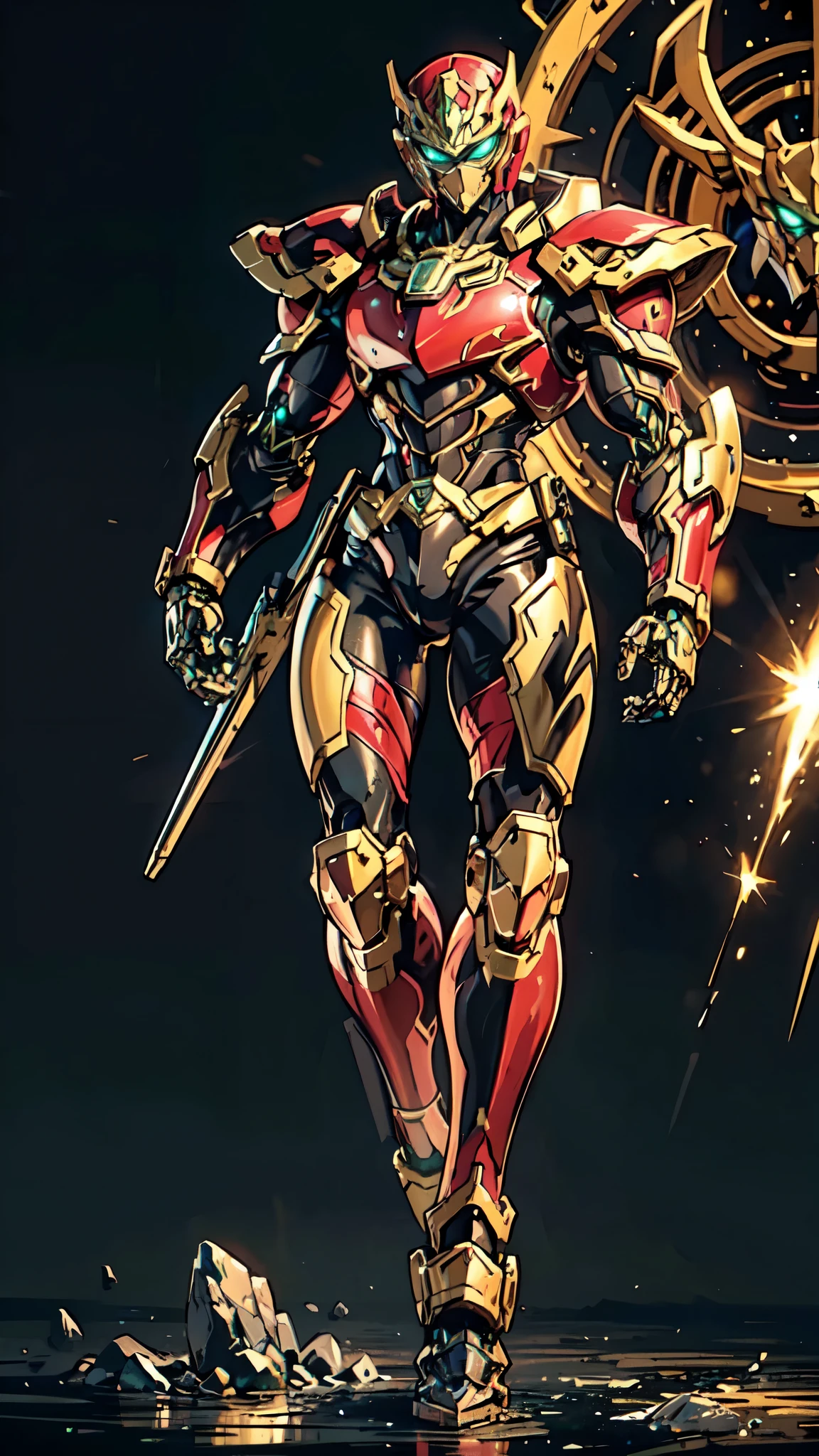 (masterpiece:1.5, best quality:1.5, extremely delicate:1.5), ((male:1.5)), Biomimetic humanoid Mecha, green eyes, fully enclosed shoulder guards, matching arm and leg guards, gemstone, full body, full armor, the design balances heavy with agility, organic biotech armor, (the color scheme is primarily Golden and Red with Black and White accents, concept Inspired by Ninja, glowing eyes, the armor glows), standing, floating high above the futuristic sci-fi city, a finely crafted Super robot in anime style, exquisite and mature art style, metallic, dramatic, high definition, highres, ultra-detailed, ultra-fine painting, professional, anatomically correct, symmetrical face, extremely detailed eyes and face, high quality eyes, creativity, RAW photo, UHD, 32k, Natural light, cinematic lighting, (masterpiece-anatomy-perfect:1.2)