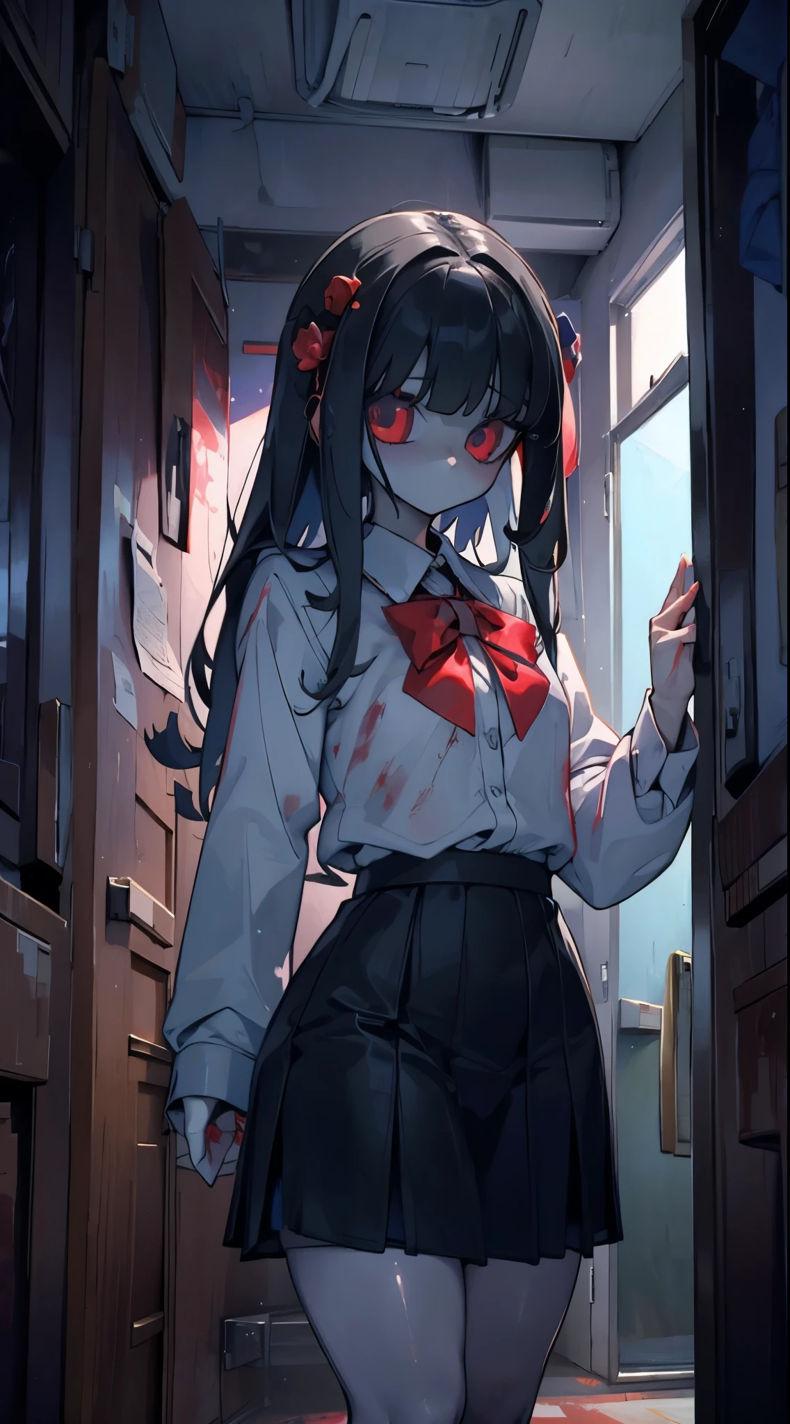 Weird,ghost,Miserable white skin,Campus Background,school hallway background , school building hallway background , dark hallway background ,Wearing school uniform的女孩,Miserable white skin女孩,Miserable white skin女孩,Wearing school uniform, thin waist, wide hips, thick thighs,Horror style,Red pupil, Blood Red Pupils ,Weird Girl ,Scary girl