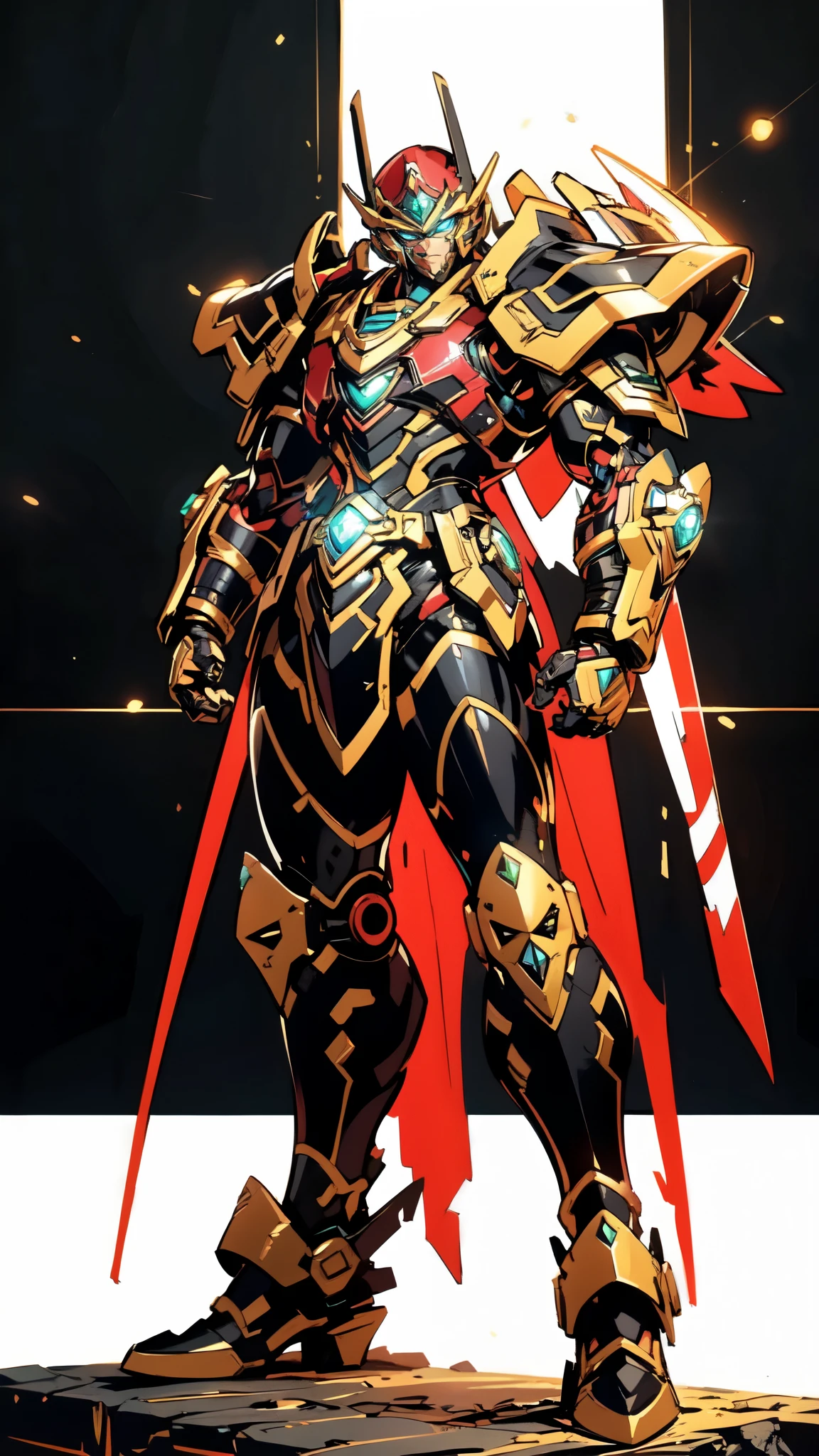 (masterpiece:1.5, best quality:1.5, extremely delicate:1.5), ((male:1.5)), Biomimetic humanoid Mecha, green eyes, fully enclosed shoulder guards, matching arm and leg guards, gemstone, full body, full armor, the design balances heavy with agility, organic biotech armor, (the color scheme is primarily Golden and Red with Black and White accents, concept Inspired by Ninja, glowing eyes, the armor glows), standing, floating high above the futuristic sci-fi city, a finely crafted Super robot in anime style, exquisite and mature art style, metallic, dramatic, high definition, highres, ultra-detailed, ultra-fine painting, professional, anatomically correct, symmetrical face, extremely detailed eyes and face, high quality eyes, creativity, RAW photo, UHD, 32k, Natural light, cinematic lighting, (masterpiece-anatomy-perfect:1.2)