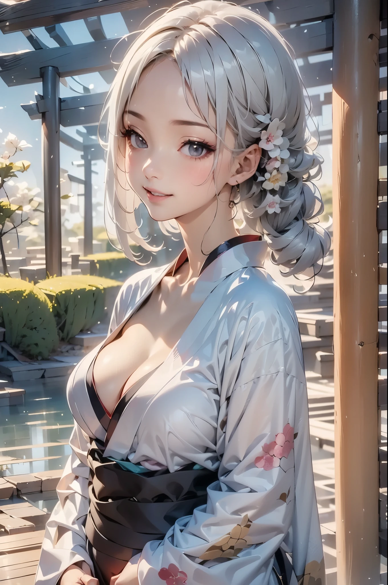 masterpiece,  best quality ,  very detailed ,  1 girl, Gray Hair, face: Sweet girl, medium breasts, Relaxed kimono , hot spring (hot spring), 足だけhot springに浸かる,
