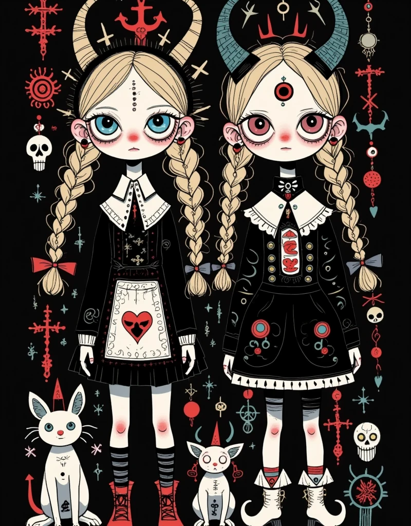 scary halloween，reepy cute illustration,black background, twin girls,Red Nose， 
pale skin, victorian gothic attire, oversized doll-like eyes, eerie yet delicate, dark fairy tale vibe, detailed clothing, vintage horror illustration.
﻿