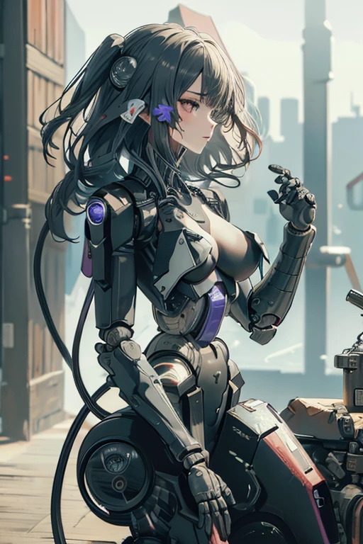 (masterpiece),(Highest quality),(Super detailed),(Best illustrations),(Best Shadow),(Absurd),(Detailed Background),(so beautiful), 16K, 8K, 4K,(Best Shadow),robotization,woman ,big bust,Robot Joint ,Metal skin,Black robot Suit,long hair,a black robot suit that covers the whole body,robot hand,cyber bodysuit,mecha head,(Detailed hands and fingers:1.2),Ball joint robot body,doll joint,beautiful face,beautiful robot girl,robotic eye,robotic hands,(no more human skin),android girl,cyborg girl,F cup, sexy body,(machine made joints:1.2),(machanical limbs:1.1),(blood vessels connected to tubes),(mechanical vertebra attaching to back),(mechanical cervial attaching to neck),no messy picture style,no emotion,raiden shogun