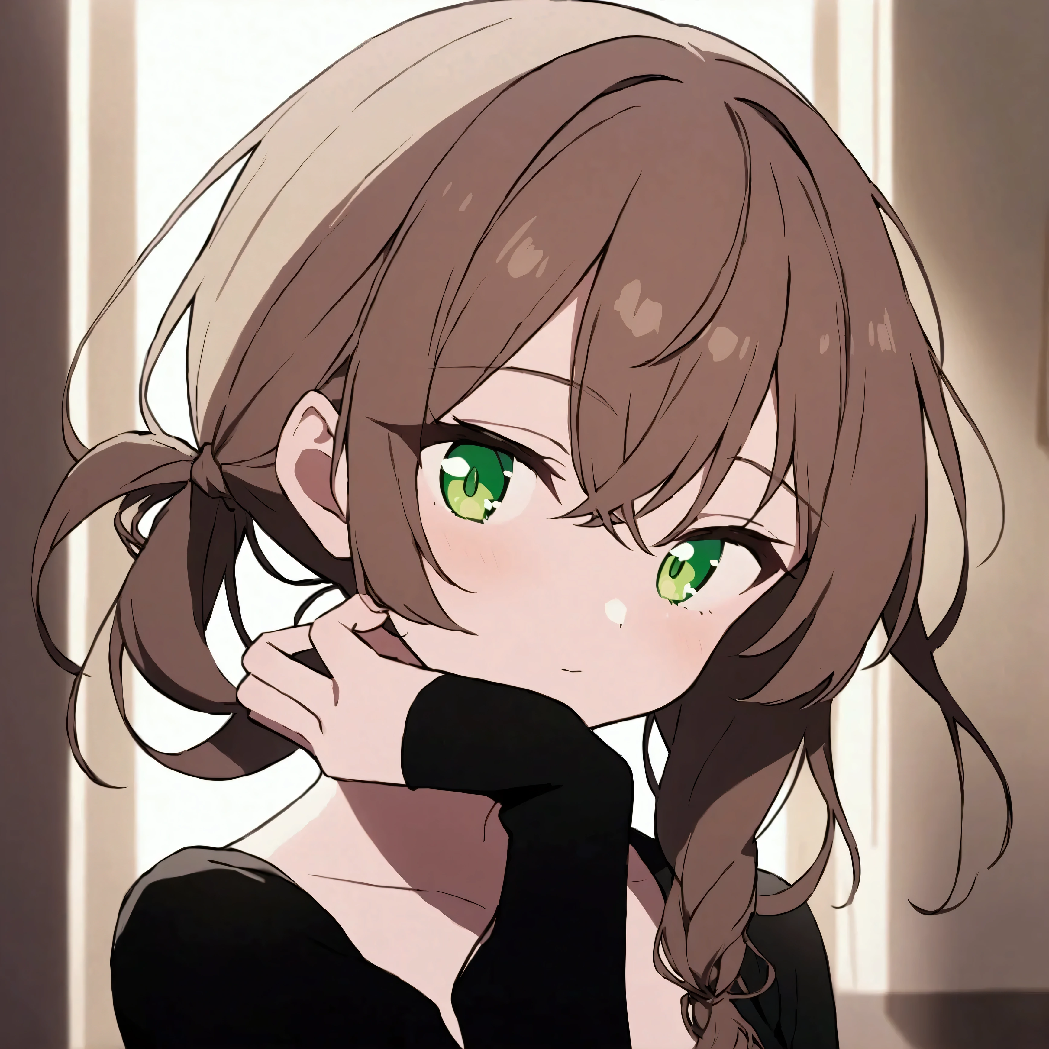 Anime girl - 2D flat - Light brown hair - grey-green eyes - slim and slender figure - tied hair.