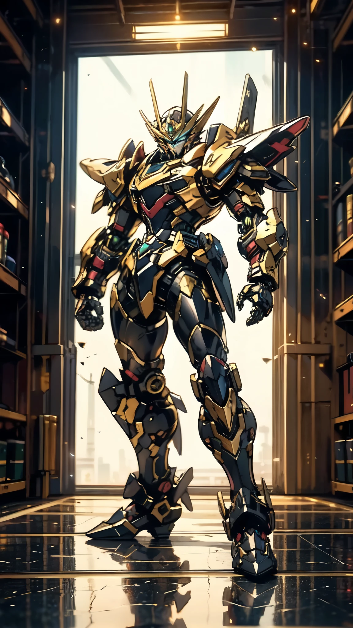 (masterpiece:1.5, best quality:1.5, extremely delicate:1.5), ((male:1.5)), Biomimetic humanoid Mecha, green eyes, fully enclosed shoulder guards, matching arm and leg guards, gemstone, full body, full armor, the design balances heavy with agility, organic biotech armor, (the color scheme is primarily Golden and Red with Black and White accents, concept Inspired by Ninja, glowing eyes, the armor glows), standing, floating high above the futuristic sci-fi city, a finely crafted Super robot in anime style, exquisite and mature art style, metallic, dramatic, high definition, highres, ultra-detailed, ultra-fine painting, professional, anatomically correct, symmetrical face, extremely detailed eyes and face, high quality eyes, creativity, RAW photo, UHD, 32k, Natural light, cinematic lighting, (masterpiece-anatomy-perfect:1.2)