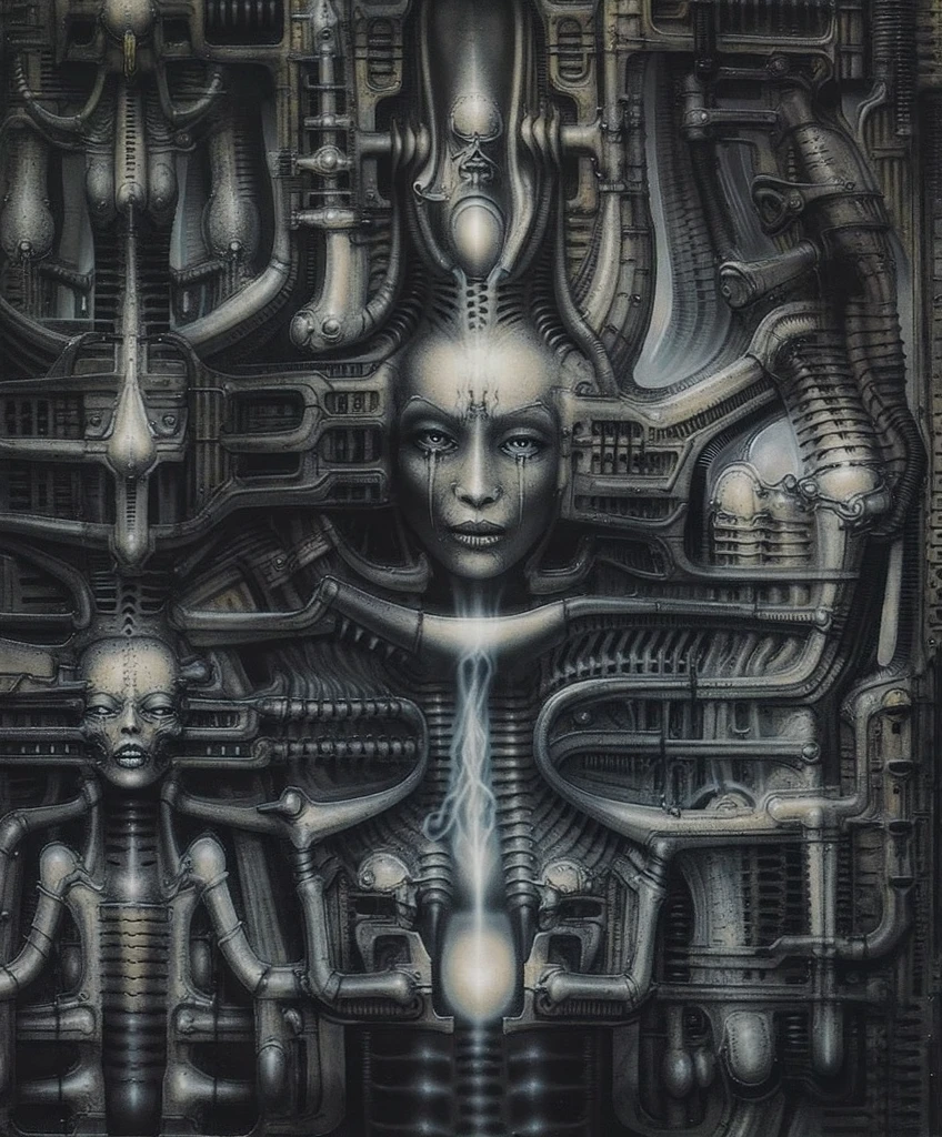 HRGGR, The image is a detailed view of H.R. Giger's biomechanical tableau \" LANDSCAPE No 312 \" plate, featuring a complex, intricate, and detailed design of endless Machine in the transit space over the cascade of fallen water, that appears to be a fusion of organic and mechanical elements, with a focus on the interplay between the two.The piece is a tableau, most likely created with a India ink pen or pencil on paper, determined by the thin lines, shading techniques, and the texture of the paper, which is visible around the edges. Used is pen, given the shading and variations in line weight visible in the image. Artist have used a variety of stylus with different degrees of hardness to achieve the shading effects. The use of undersaturated green-grays dark contrasts creates a stark and graphic look. Is used a variety of linework techniques to create different textures. Fine, parallel lines create a smooth, metallic texture,while thicker, more cursive lines suggest cables or wires. Light source from the top highlights skeletals, pper part of foreground, lower part of image is in shadowupper part of foreground, lower part of image is in shadow. The art performance showcases the artist’s skills in observation and rendering. The level of detail in the piece suggests a close study of real bone specimens and mechanics. The artist has skillfully used shading techniques to create a convincing illusion of three-dimensionality on a flat surface. The wrinkles and cracks in the surface, and the cast shadows with accuracy, used shading techniques to create a realistic depiction of light and shadow on the objects. This creates a sense of depth and dimension in the image. The artist has used careful linework to depict the contours and textures in the piece Sharp focus on foreground elements illustration. Deep and delicate DOF. Big painting. Stored in Louvre masterpiece, ooze soaked pajama top