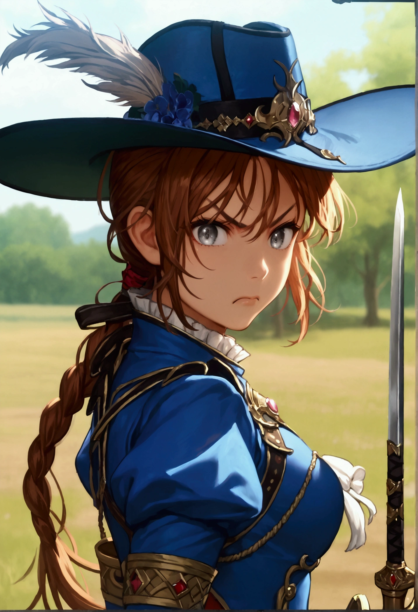 score_9, score_8_up, score_7_up, masterpiece, high res, detailed face, detailed eyes, anime screencap, 1 girl, solo, angry, sword duel pose, tall, slender, brown hair. forehead, grey eyes, long hair, blue outfit, short skirt, musketeer hat, red plume, white collar, bare legs, gloves, outdoors, full body, cowboyshot