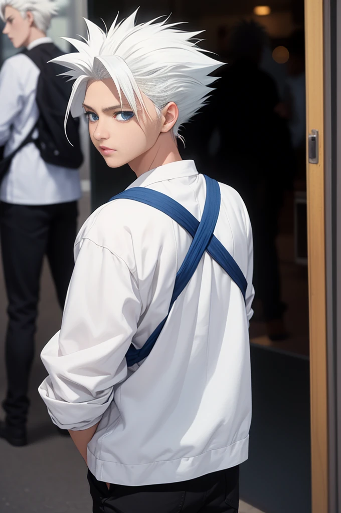  masterpiece , better quality,  high quality , 1 boy, Alone,  Male Focus ,  ruffled back hairstyle ,  slightly bluish white hair  ( Toshiro Hitsugaya hair style), Common clothes ,  very blue eyes , facing the camera, full body image, common everyday clothes 