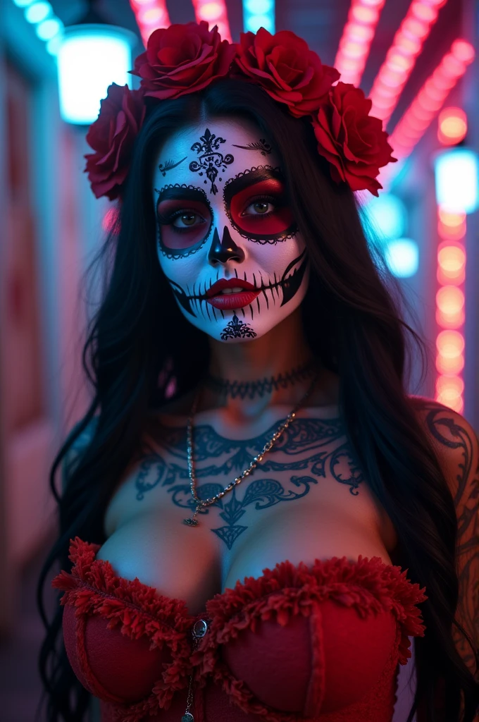beautiful detailed eyes, beautiful detailed lips, extremely detailed eyes and face, ruby red irises, thick eyebrows, ((full length portrait)), girl with multi-color day of the dead makeup, (nude figure:1.4), dramatic lighting, dramatic pose, intricate headdress, vibrant colors, cinematic composition, digital painting, hyper detailed, artstation, award winning, ((nude masterpiece)), (wide angle:1.4), (wearing nothing but high heels:1.4), contrapposto stance, mid-stride strutting, whole body tattooed, body jewellery, accurate nipples, defined areola, rosy pink areola, (less orange:1.3)