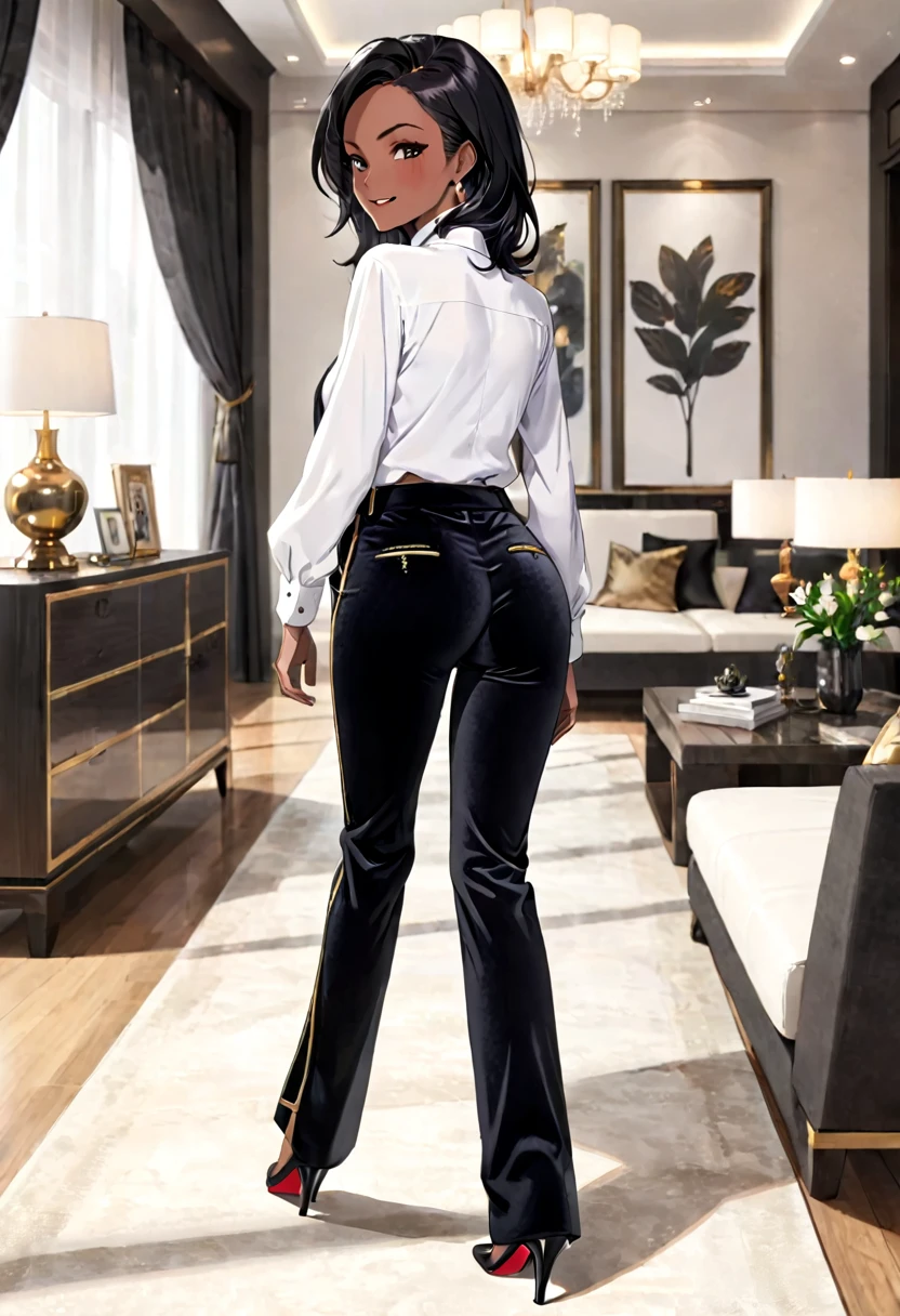 Stunning beautiful lady,Best quality, masterpiece, ultra high res, (photorealistic:1.4), raw photo, 1girl, flowing long satin pant, ((rounded hips, protruding butt)),long flowing pant, library, ponytail, long sleeve shirt tucked in, belt, glasses, fair dark skin,