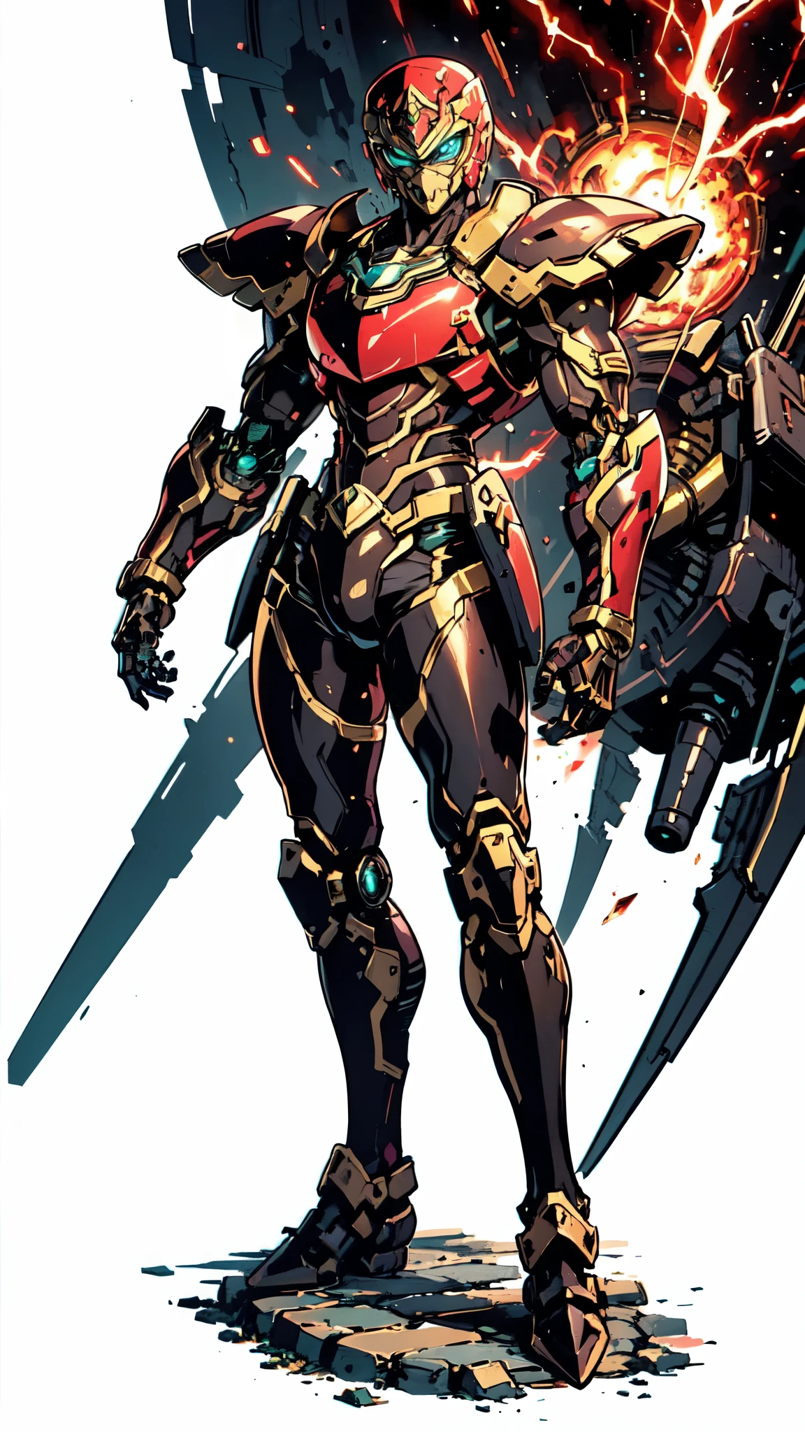 (masterpiece:1.5, best quality:1.5, extremely delicate:1.5), ((male:1.5)), Biomimetic humanoid Mecha, green eyes, fully enclosed shoulder guards, matching arm and leg guards, gemstone, full body, full armor, the design balances heavy with agility, organic biotech armor, (the color scheme is primarily Golden and Red with Black and White accents, concept Inspired by Ninja, glowing eyes, the armor glows), standing, floating high above the futuristic sci-fi city, a finely crafted Super robot in anime style, exquisite and mature art style, metallic, dramatic, high definition, highres, ultra-detailed, ultra-fine painting, professional, anatomically correct, symmetrical face, extremely detailed eyes and face, high quality eyes, creativity, RAW photo, UHD, 32k, Natural light, cinematic lighting, (masterpiece-anatomy-perfect:1.2)