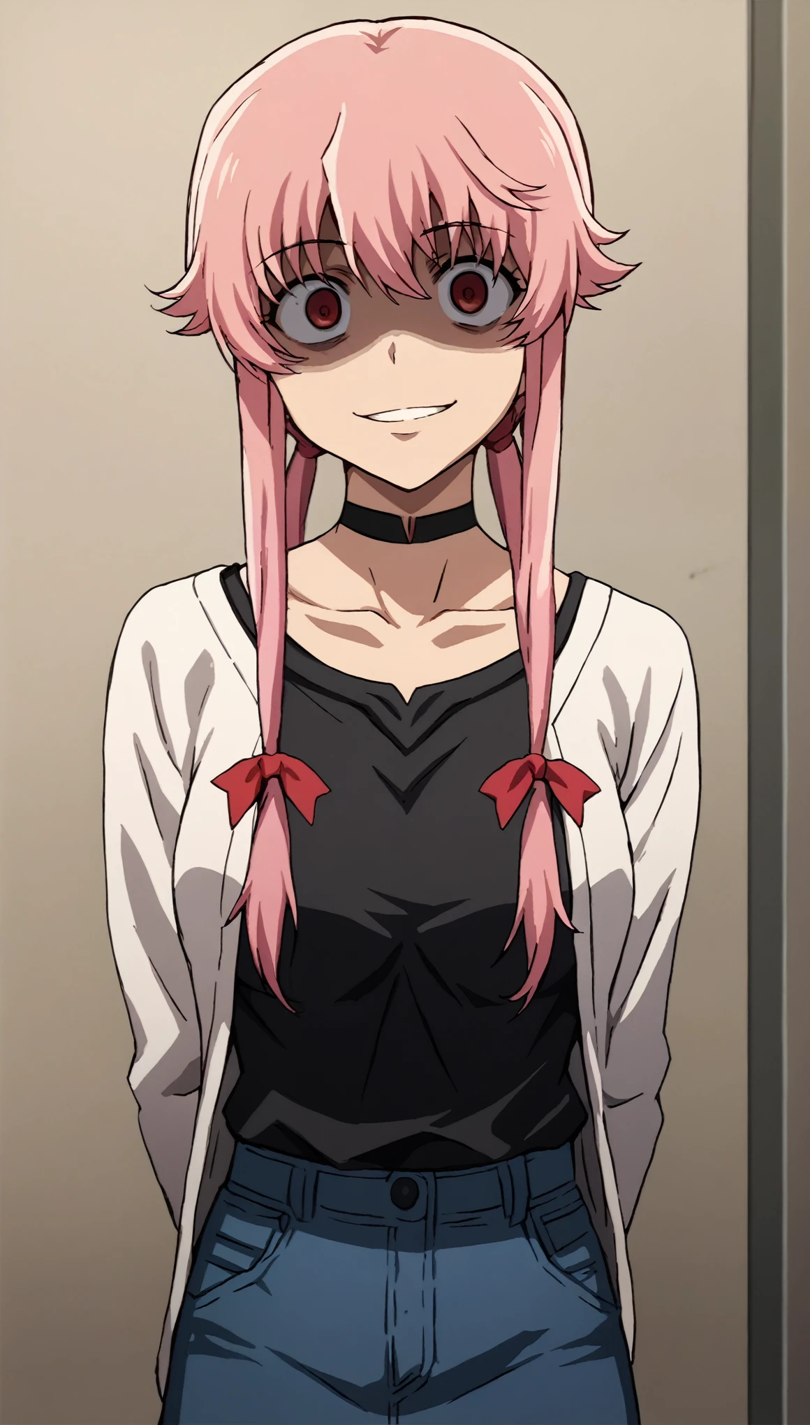 yun_fd, long pink hair, gasai yuno, white cardigan, black shirt, denim skirt, miniskirt, collarbone BREAK red eyes, large breasts, black choker, (head tilt:0.8), smile, arms behind back, in a old room, YAMEROYANDERE CONSTRICTED PUPILS YANDERE EMPTY EYES SHADED FACE CRAZY EYES GLOWING EYES CRAZY SMILE DARK