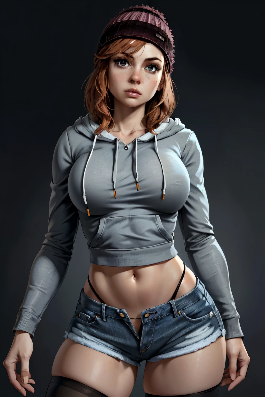 ((ultra detailed, masterpiece, absurdres))
 UDAshley, 1girl, solo, orange hair, beanie, sexy body, sexy, perfect tits, perfect body, sexy face, perfect face, tight mini jeans shorts, black stockings, grey hoodie, beautiful face, stockinhs under shorts, tight clothes